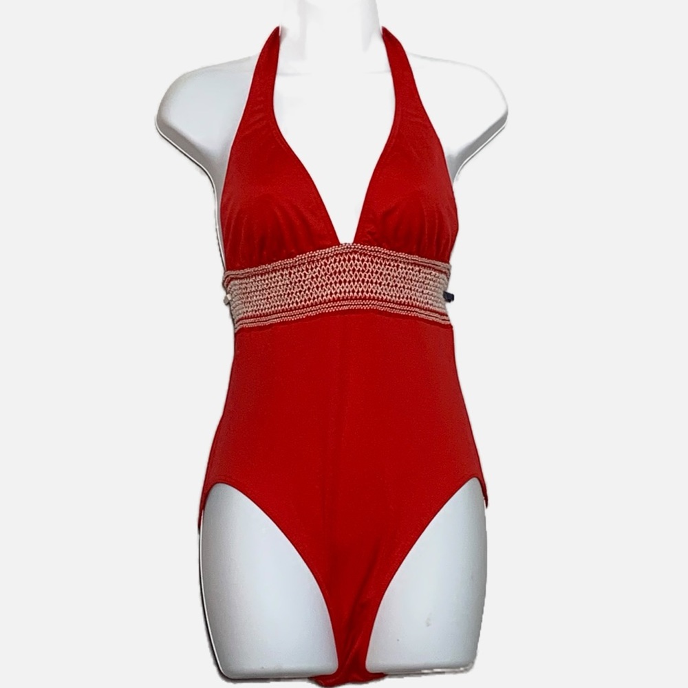 DKNY Swim red halter top one piece swim suit deep V neckline boho embroidery 12